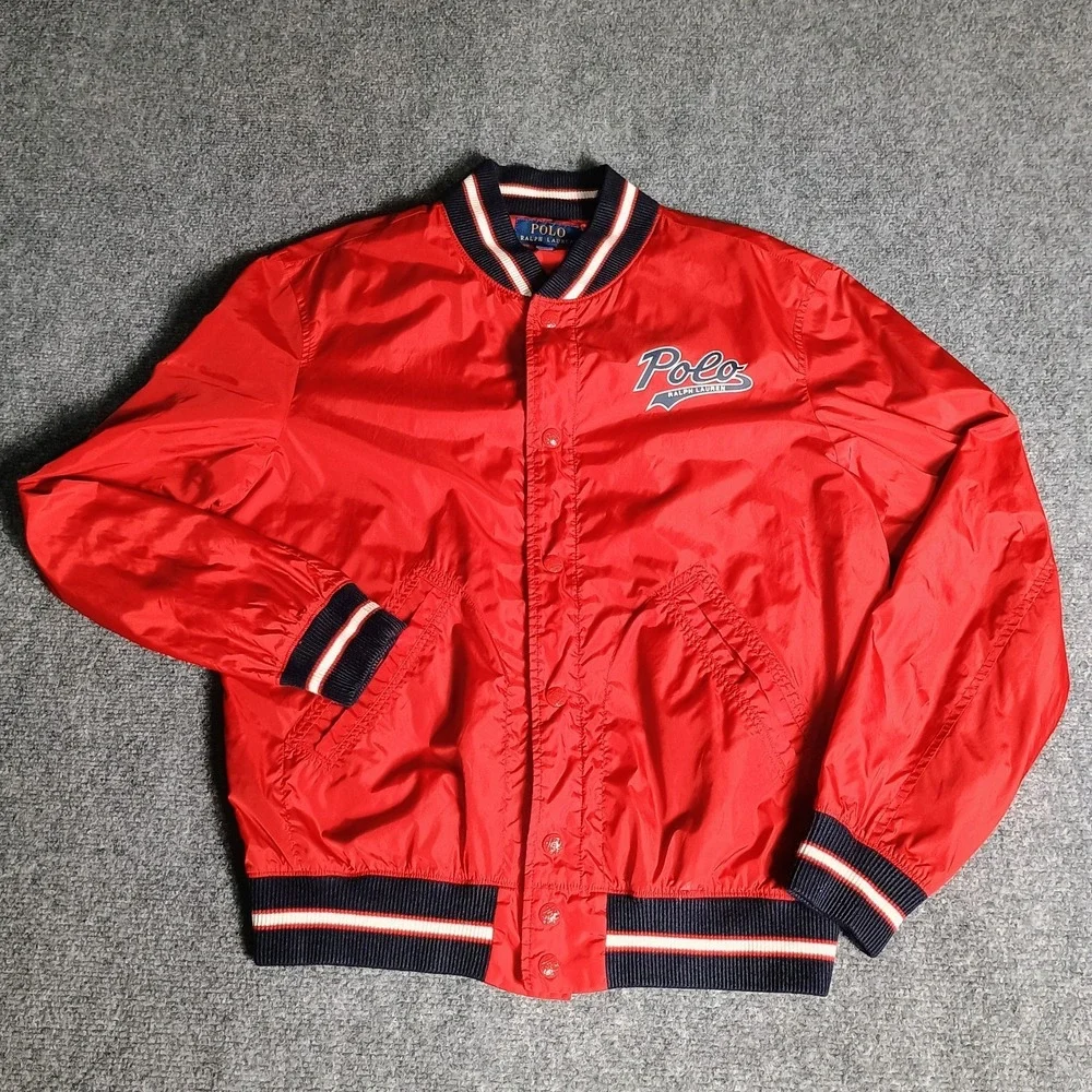 Polo Ralph Lauren Varsity Bomber Jacket Red Logo Snap Front Men's M Nylon